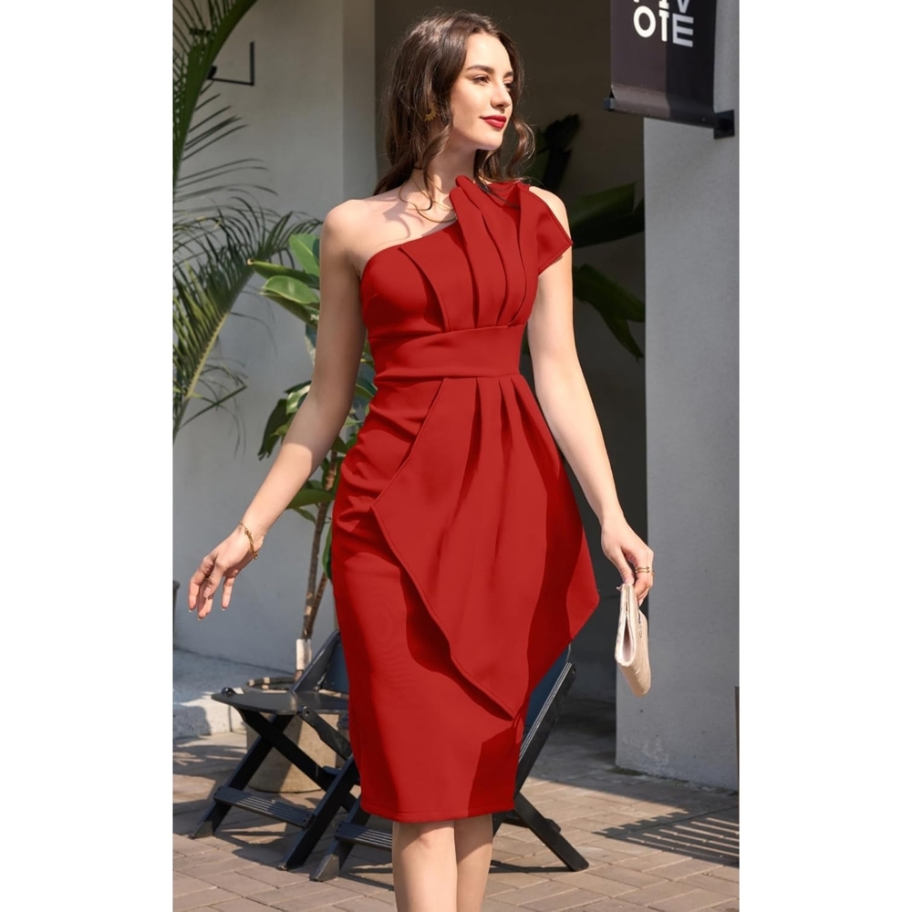 Elegant One-Shoulder Pleated Bodycon Midi Dress Red